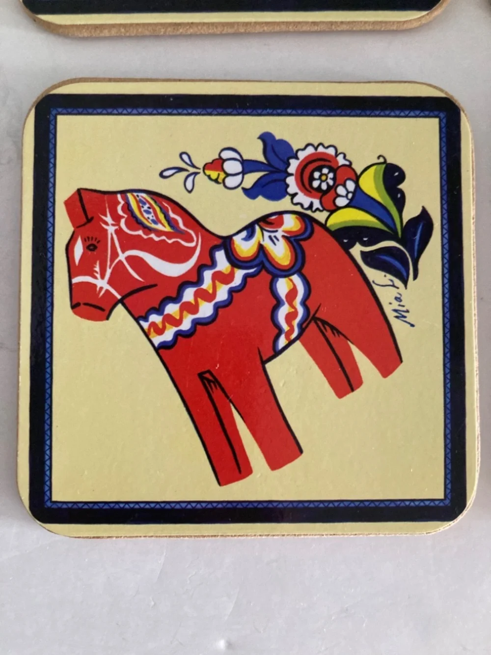 Scandinavian Dala Horse Coasters Set of 6 Cork Back Signed Mia L Swedish EUC